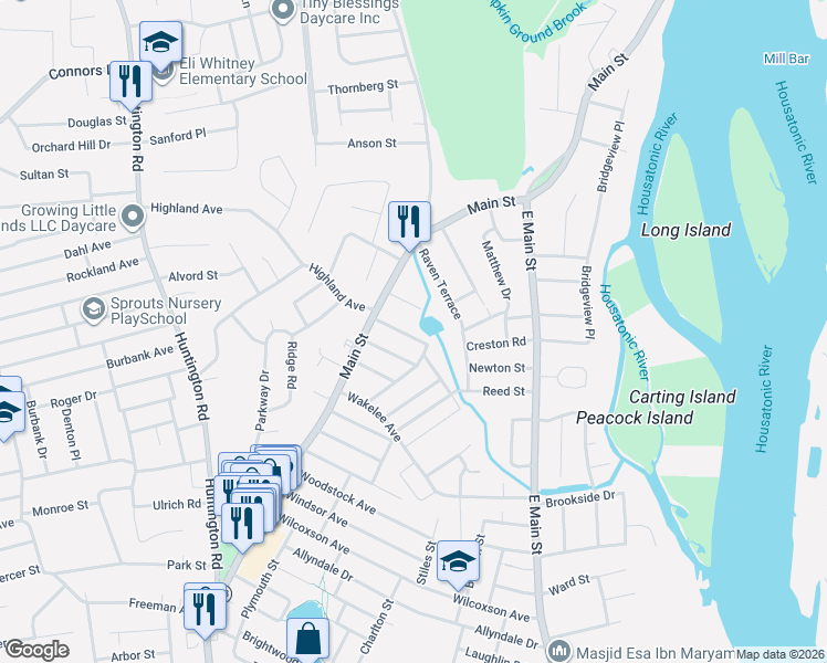 map of restaurants, bars, coffee shops, grocery stores, and more near 86 Elmhurst Avenue in Stratford