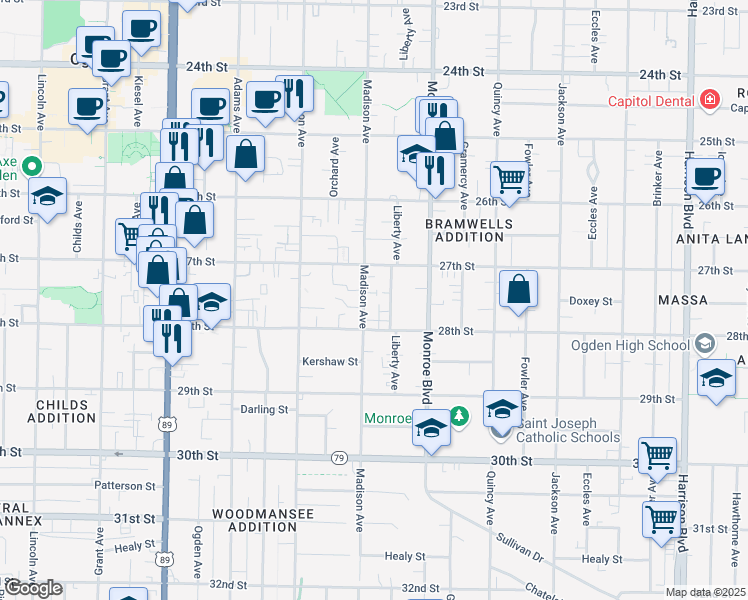 map of restaurants, bars, coffee shops, grocery stores, and more near 2735 Liberty Avenue in Ogden
