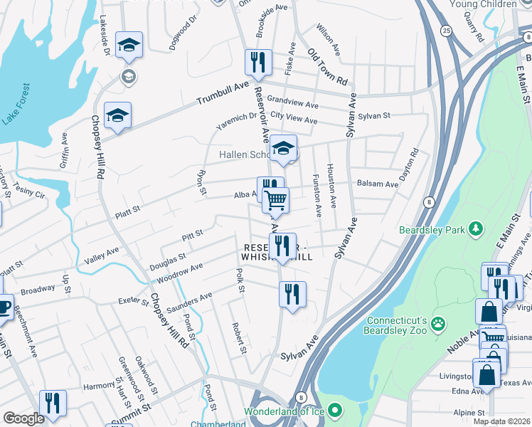 map of restaurants, bars, coffee shops, grocery stores, and more near 34 Lansing Place in Bridgeport