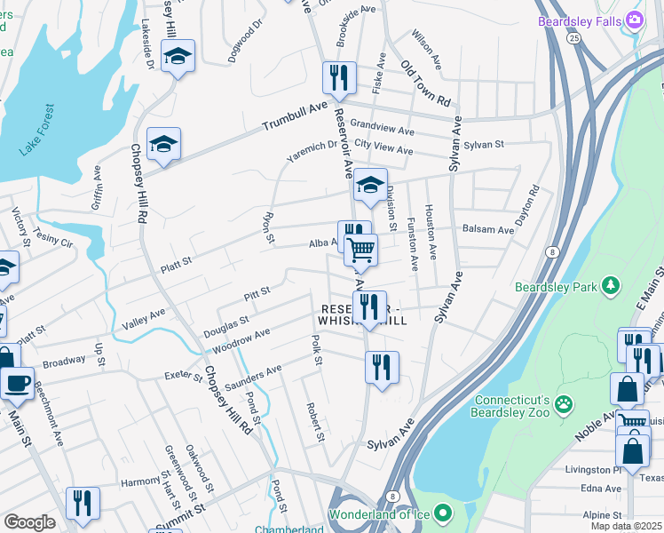 map of restaurants, bars, coffee shops, grocery stores, and more near 145 Lansing Street in Bridgeport