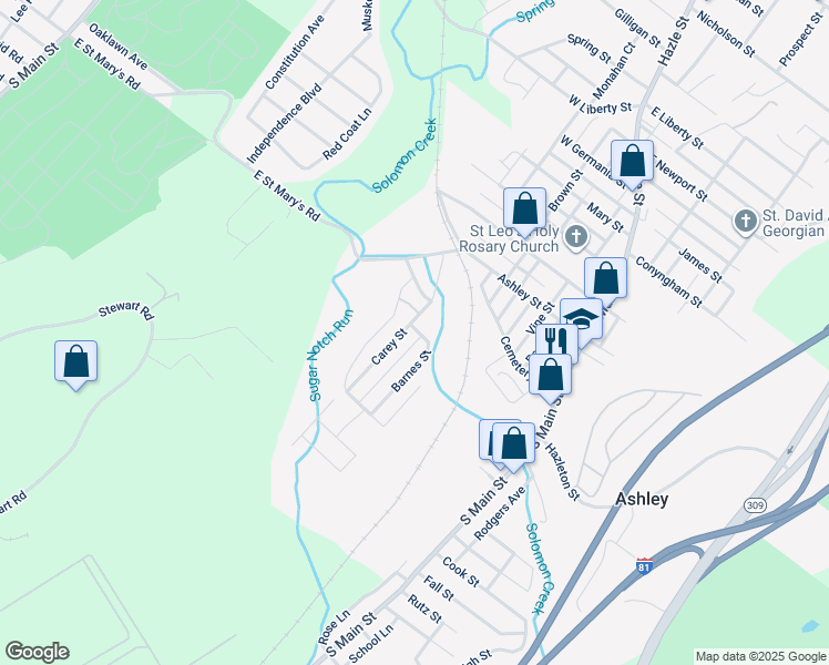 map of restaurants, bars, coffee shops, grocery stores, and more near 47 Carey St in Ashley
