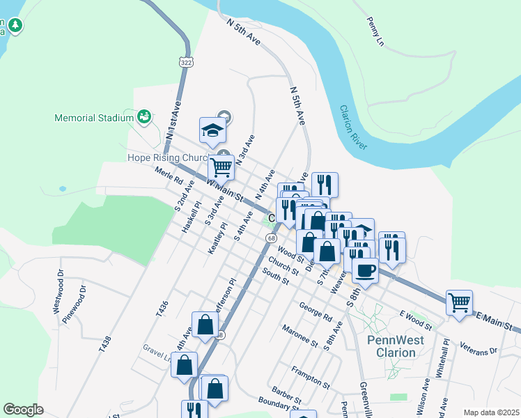 map of restaurants, bars, coffee shops, grocery stores, and more near 337-399 Twenty-Eighth Division Highway in Clarion