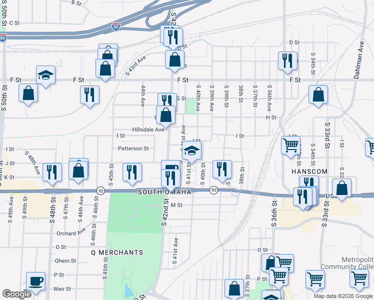 map of restaurants, bars, coffee shops, grocery stores, and more near 4406 South 41st Street in Omaha