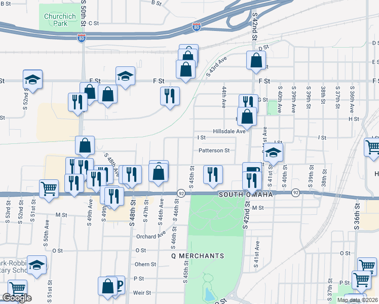 map of restaurants, bars, coffee shops, grocery stores, and more near 4419 South 46th Street in Omaha