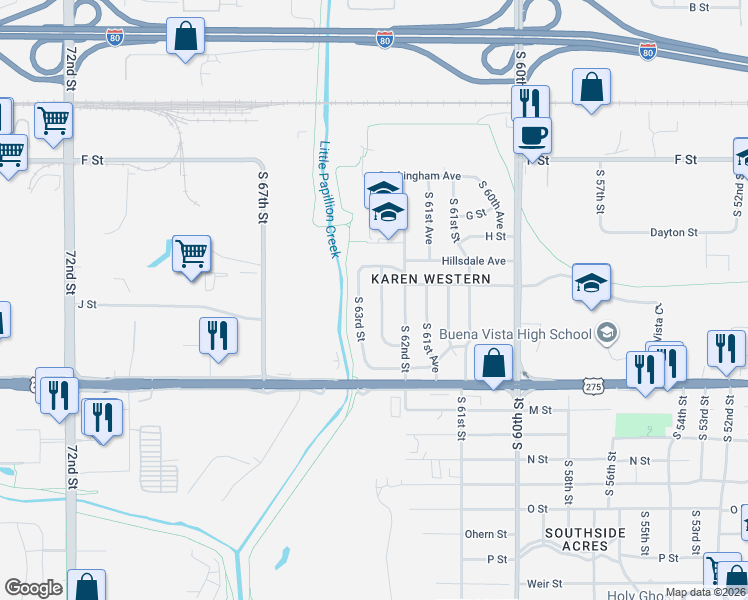 map of restaurants, bars, coffee shops, grocery stores, and more near 4422 South 62nd Avenue in Omaha
