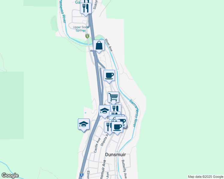 map of restaurants, bars, coffee shops, grocery stores, and more near 5543 Sacramento Avenue in Dunsmuir