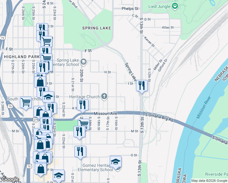 map of restaurants, bars, coffee shops, grocery stores, and more near 4410 South 16th Street in Omaha