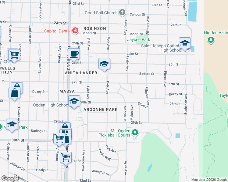 map of restaurants, bars, coffee shops, grocery stores, and more near 1420 Marilyn Drive in Ogden