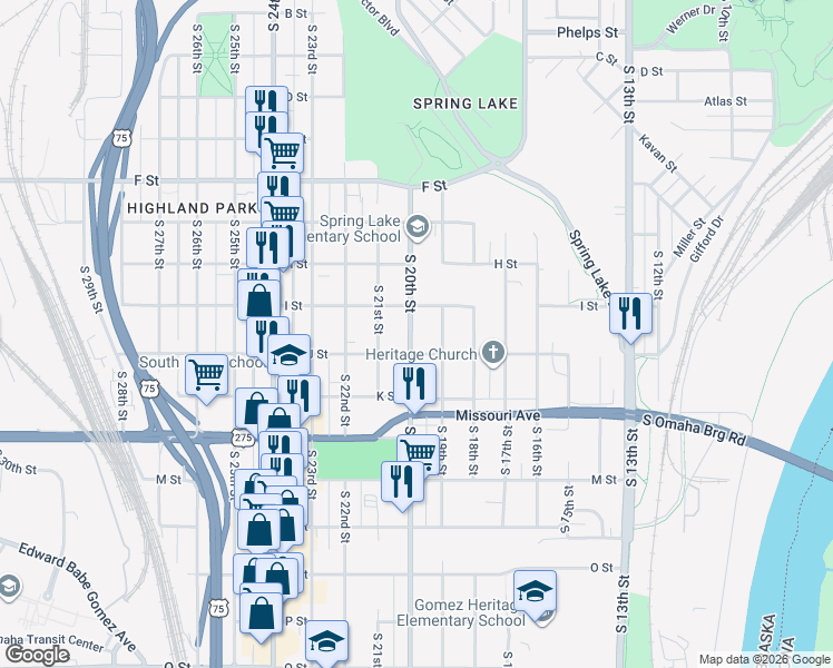 map of restaurants, bars, coffee shops, grocery stores, and more near 4415 South 20th Street in Omaha