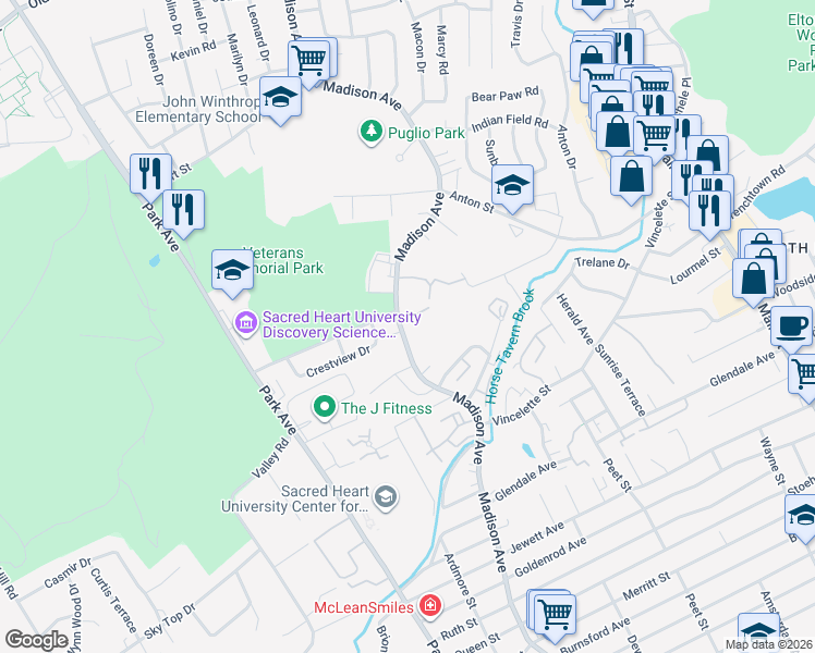 map of restaurants, bars, coffee shops, grocery stores, and more near 3012 Leslie Road in Bridgeport