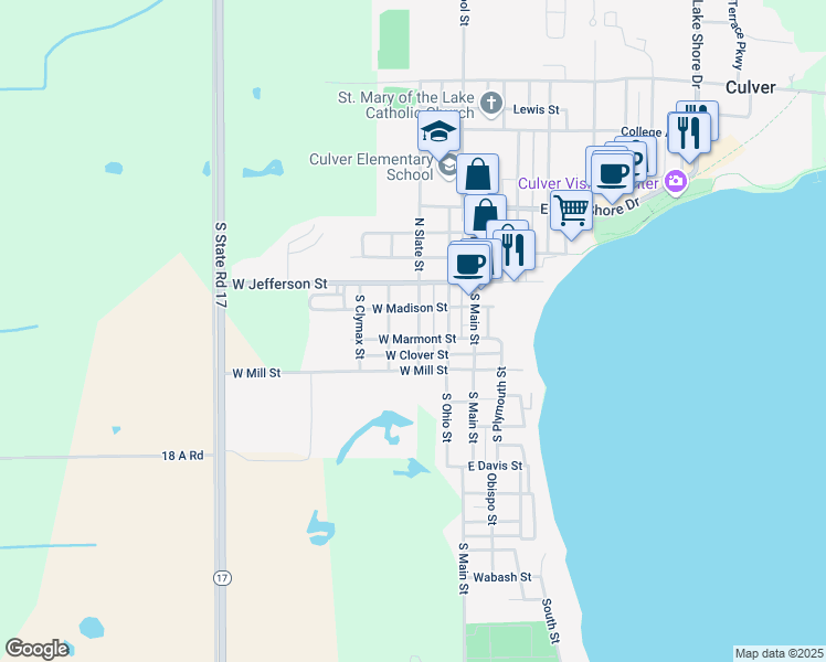 map of restaurants, bars, coffee shops, grocery stores, and more near South Slate Street in Culver