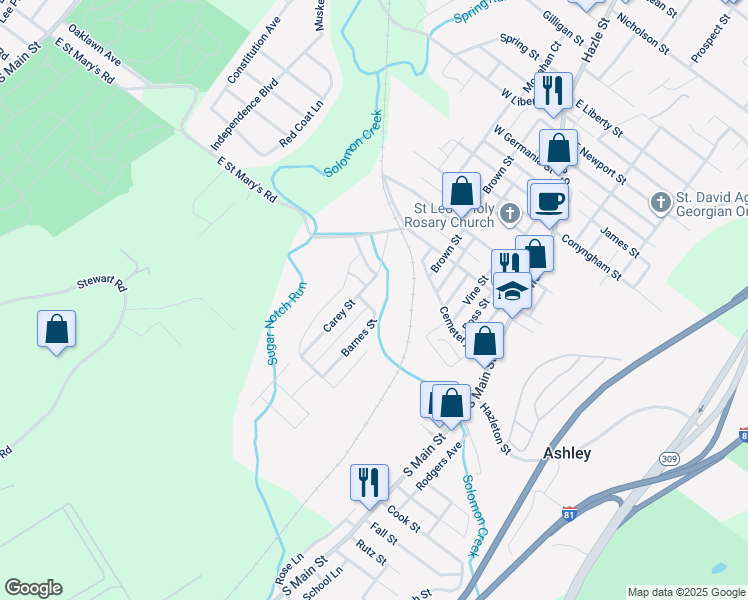 map of restaurants, bars, coffee shops, grocery stores, and more near Barnes Street in Ashley