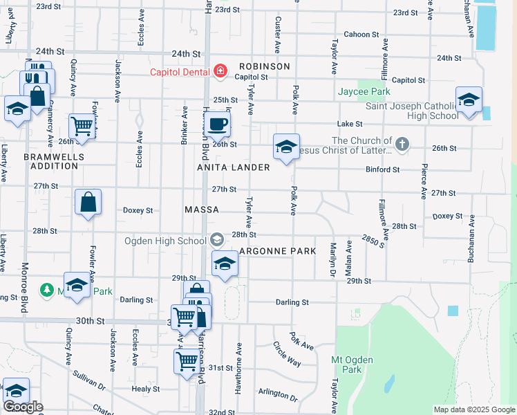 map of restaurants, bars, coffee shops, grocery stores, and more near 1310 Marilyn Drive in Ogden