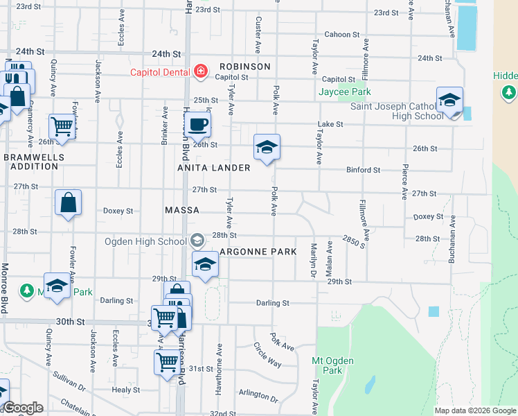 map of restaurants, bars, coffee shops, grocery stores, and more near 1362 Marilyn Drive in Ogden