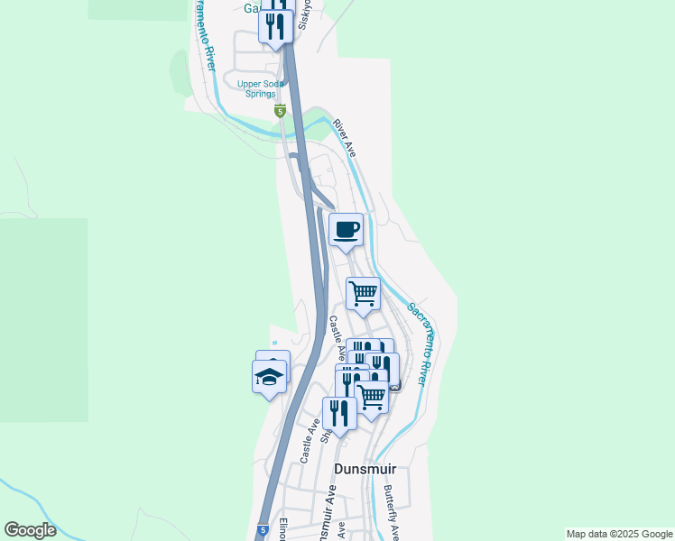 map of restaurants, bars, coffee shops, grocery stores, and more near Cascade Wonderland Highway in Dunsmuir