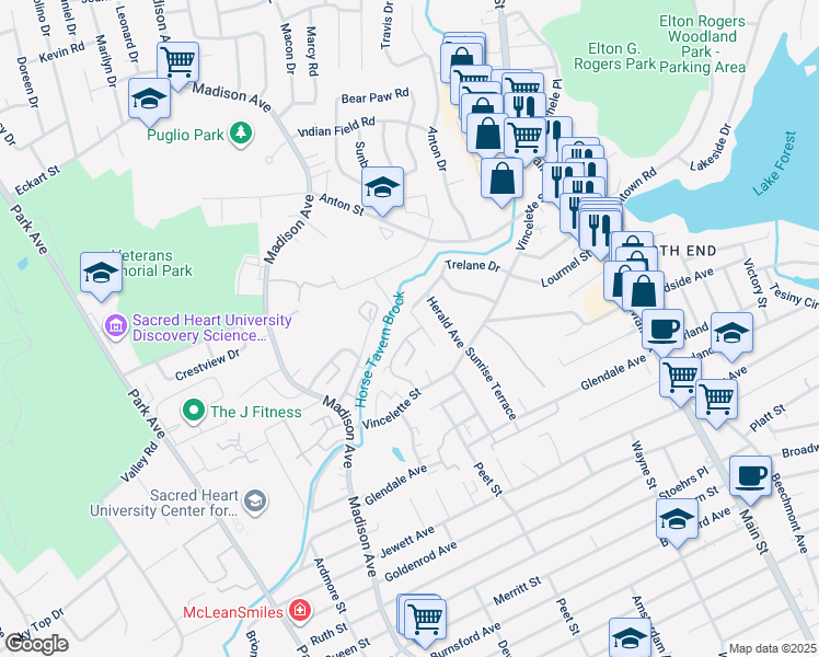 map of restaurants, bars, coffee shops, grocery stores, and more near 141 Kennedy Drive in Bridgeport