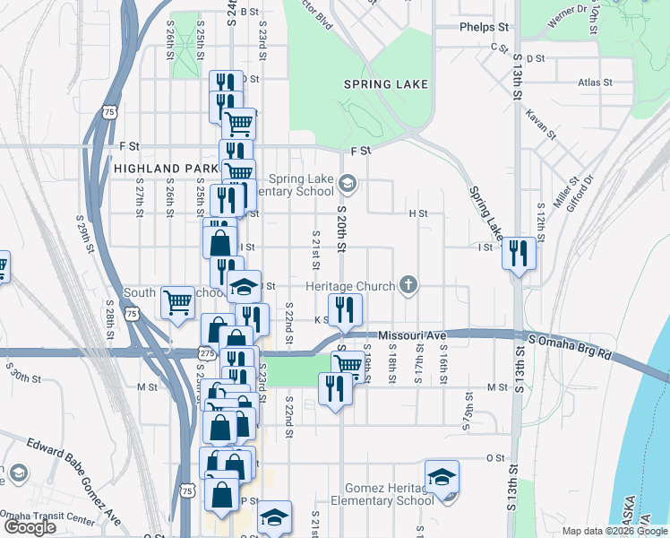 map of restaurants, bars, coffee shops, grocery stores, and more near 4415 South 20th Street in Omaha