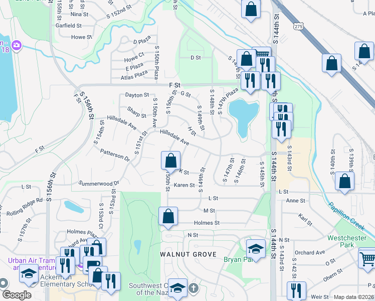 map of restaurants, bars, coffee shops, grocery stores, and more near 4356 South 149th Avenue Circle in Omaha