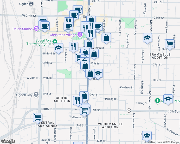 map of restaurants, bars, coffee shops, grocery stores, and more near 2730 Washington Boulevard in Ogden