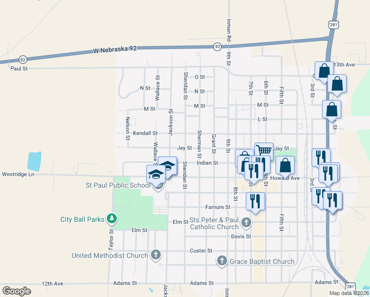 map of restaurants, bars, coffee shops, grocery stores, and more near 1200 Jay Street in Saint Paul