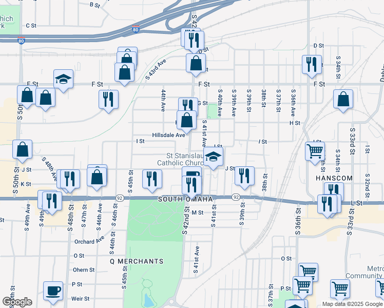 map of restaurants, bars, coffee shops, grocery stores, and more near 4171 I Street in Omaha