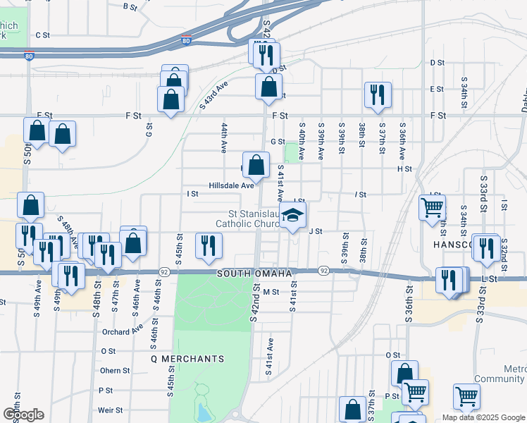map of restaurants, bars, coffee shops, grocery stores, and more near 4171 I Street in Omaha