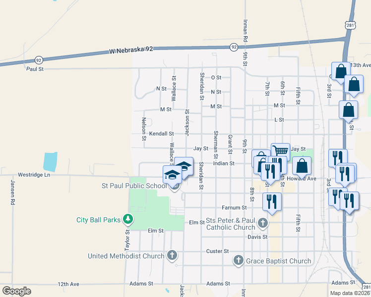 map of restaurants, bars, coffee shops, grocery stores, and more near 1300 Jay Street in Saint Paul