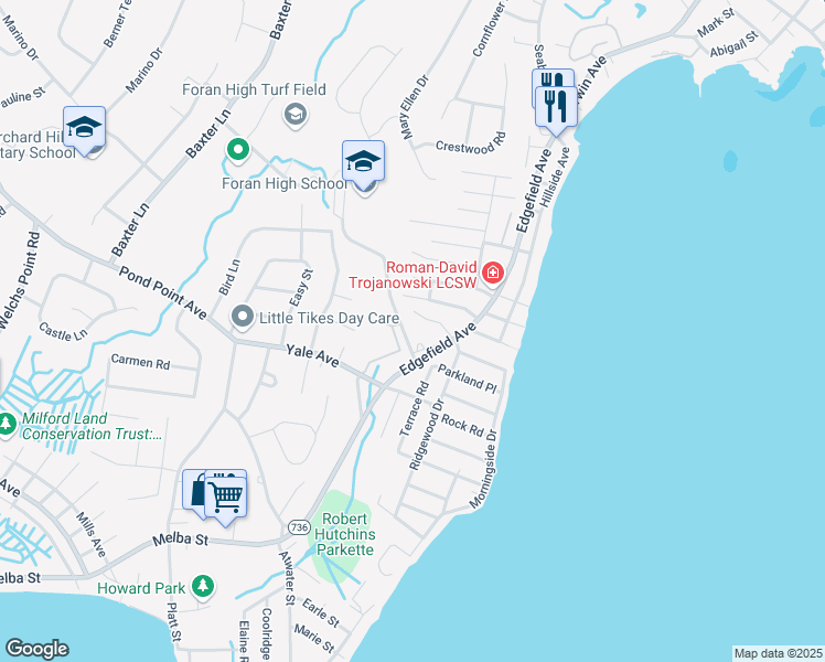 map of restaurants, bars, coffee shops, grocery stores, and more near 20 Foran Road in Milford