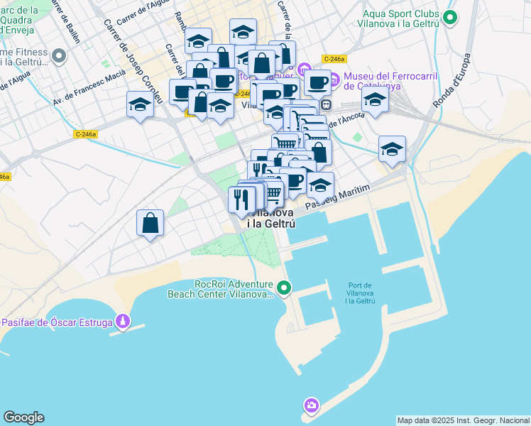 map of restaurants, bars, coffee shops, grocery stores, and more near 24 Passeig del Carme in Vilanova i la Geltrú