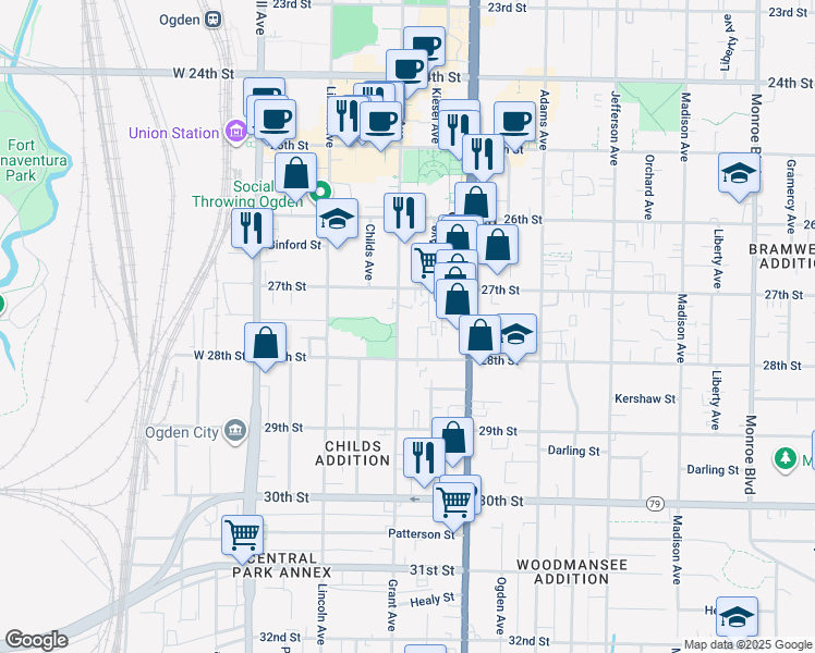 map of restaurants, bars, coffee shops, grocery stores, and more near 2750 Grant Avenue in Ogden