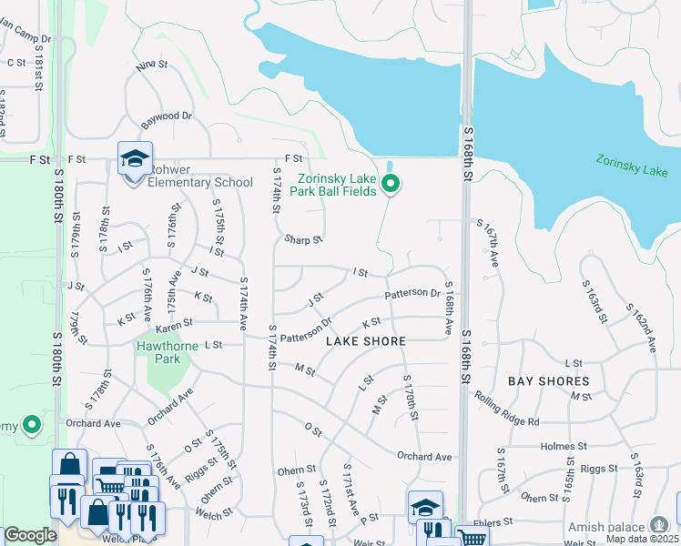 map of restaurants, bars, coffee shops, grocery stores, and more near 17104 J Street in Omaha