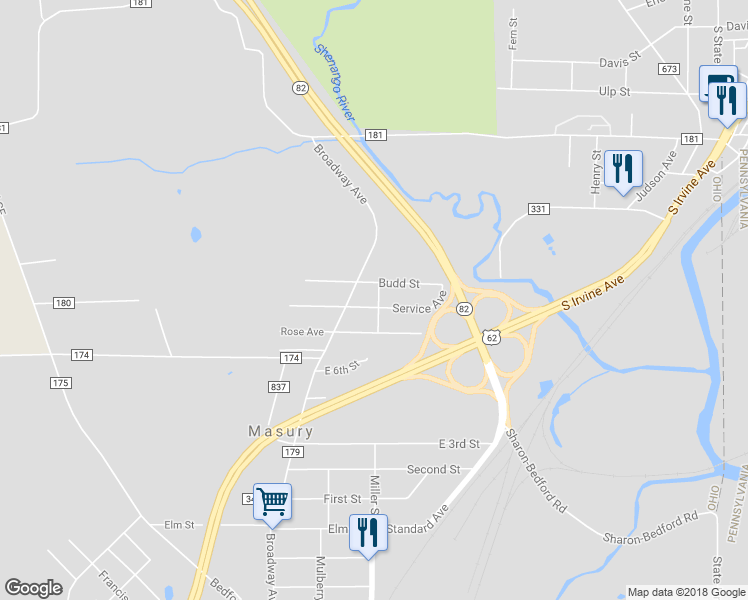 map of restaurants, bars, coffee shops, grocery stores, and more near 7893 Service Street in Masury