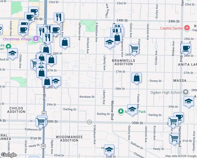 map of restaurants, bars, coffee shops, grocery stores, and more near 2740 Madison Avenue in Ogden