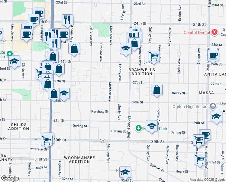 map of restaurants, bars, coffee shops, grocery stores, and more near 2735 Liberty Avenue in Ogden