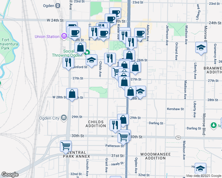 map of restaurants, bars, coffee shops, grocery stores, and more near 2745 Grant Avenue in Ogden