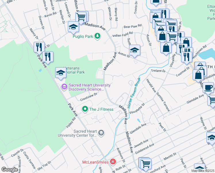map of restaurants, bars, coffee shops, grocery stores, and more near 3012 Leslie Road in Bridgeport