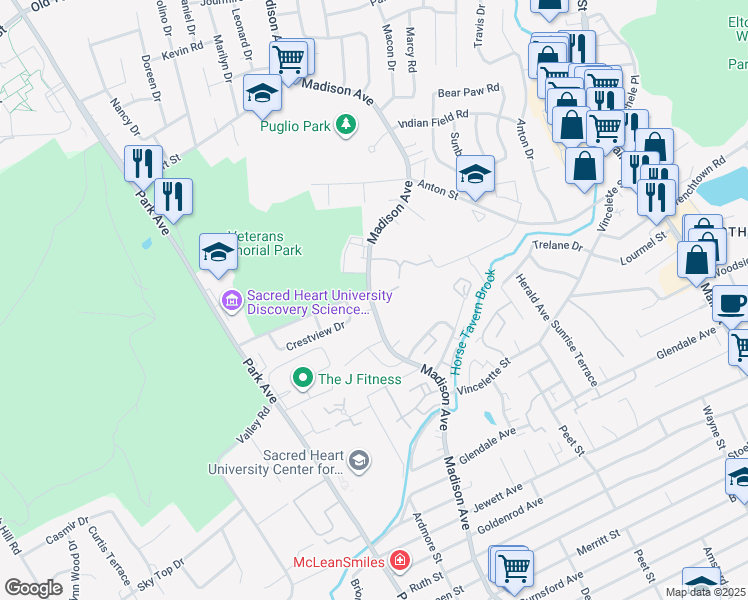 map of restaurants, bars, coffee shops, grocery stores, and more near 3012 Leslie Road in Bridgeport
