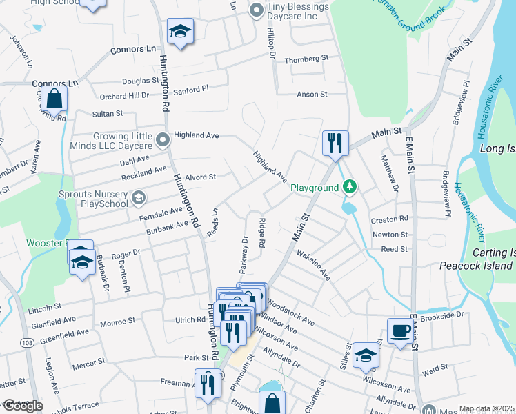map of restaurants, bars, coffee shops, grocery stores, and more near 50 Ridge Circle in Stratford