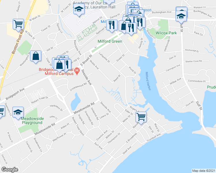 map of restaurants, bars, coffee shops, grocery stores, and more near 4 Noble Avenue in Milford
