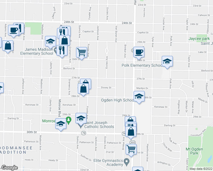 map of restaurants, bars, coffee shops, grocery stores, and more near 1050 Doxey Street in Ogden