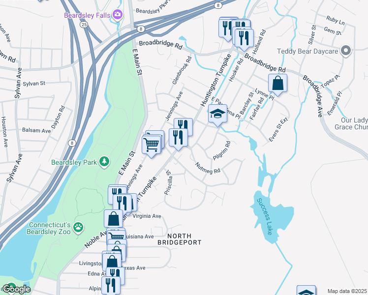 map of restaurants, bars, coffee shops, grocery stores, and more near 16 Nutmeg Road in Bridgeport