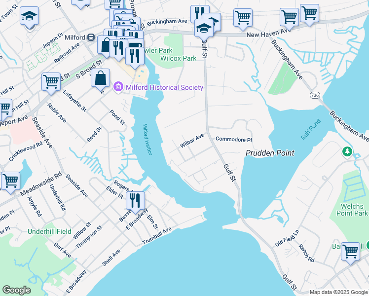 map of restaurants, bars, coffee shops, grocery stores, and more near 54 Wilbar Avenue in Milford