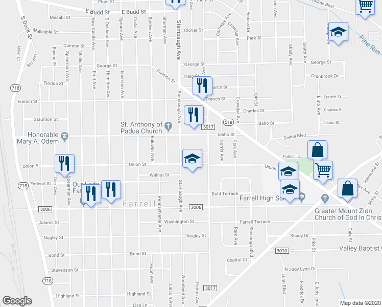 map of restaurants, bars, coffee shops, grocery stores, and more near 2 Cathedral Drive in Farrell