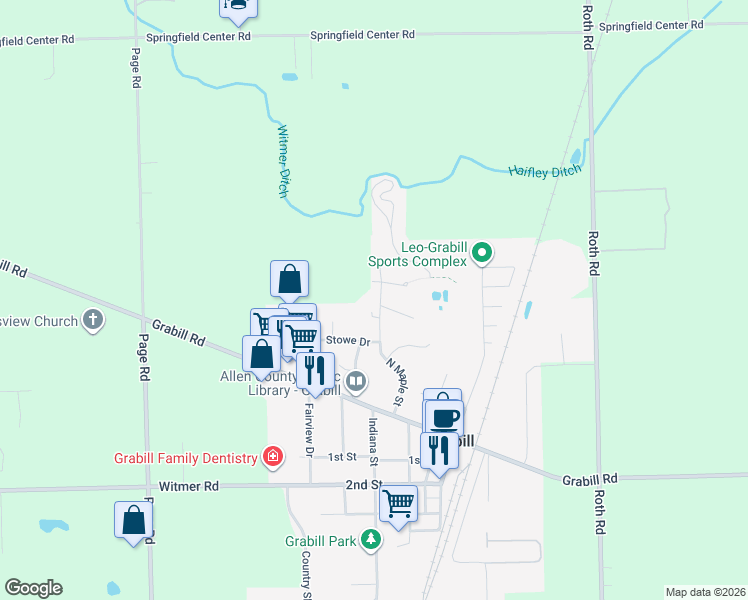 map of restaurants, bars, coffee shops, grocery stores, and more near 14007 North Maple Street in Grabill