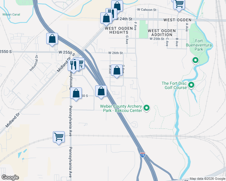 map of restaurants, bars, coffee shops, grocery stores, and more near 2772 H Avenue in Ogden