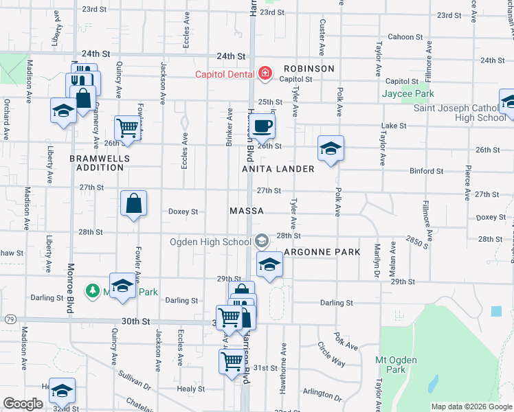 map of restaurants, bars, coffee shops, grocery stores, and more near 2726 Harrison Boulevard in Ogden