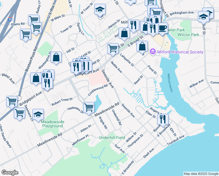 map of restaurants, bars, coffee shops, grocery stores, and more near 256 Seaside Avenue in Milford