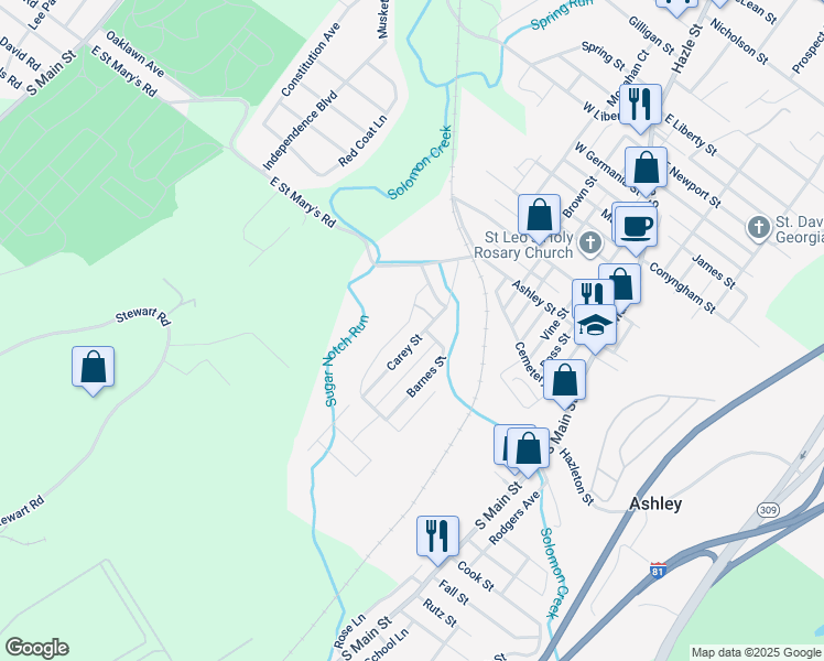 map of restaurants, bars, coffee shops, grocery stores, and more near 47 Carey St in Ashley