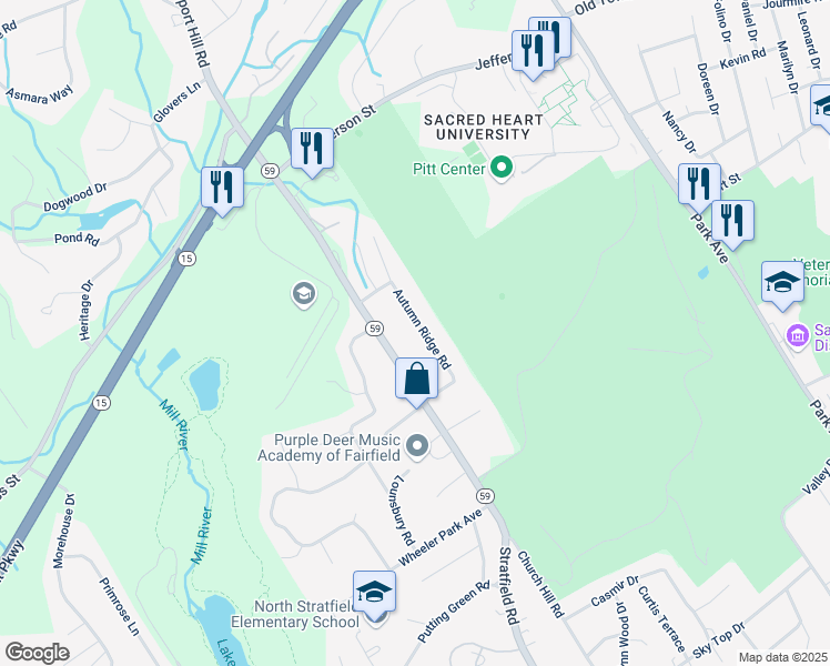 map of restaurants, bars, coffee shops, grocery stores, and more near 123 Autumn Ridge Road in Fairfield