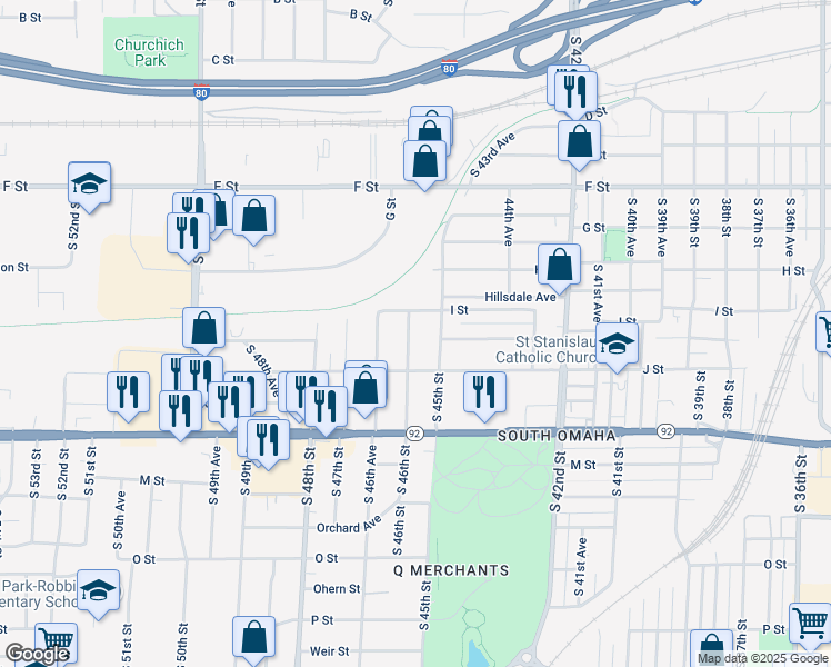 map of restaurants, bars, coffee shops, grocery stores, and more near 4419 South 46th Street in Omaha